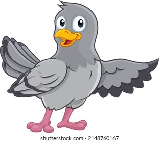 A pigeon dove bird cute cartoon character pointing with its wing