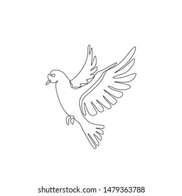 Pigeon or dove, bird flying continuous line drawing, tattoo, print for clothes and logo design, silhouette one single line on a white background, isolated vector illustration. 