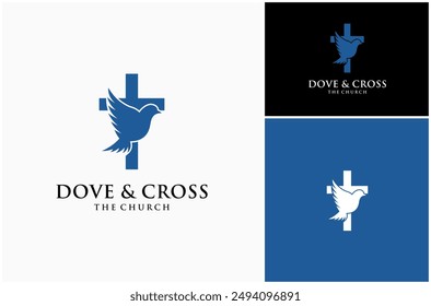 Pigeon Dove Bird Peace Cross Church Holy Faith Religious Crucifix Vector Logo Design Illustration