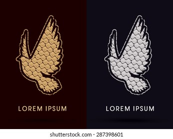 Pigeon, Dove fly , designed using gold and silver jigsaw puzzle pattern, sign, graphic vector.