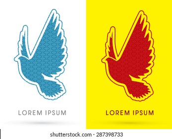 Pigeon, Dove fly, designed using blue and red, cool and fire, wave water pattern, sign, graphic vector.