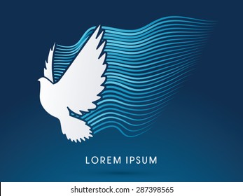 Pigeon, Dove fly , Spirit and water wave on blue background, sign, graphic vector.