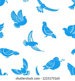 Pigeon or dove, white bird flying with spread wings in sky or sitting seamless pattern. Vector logo template or isolated symbol icon of peace freedom or post mail delivery and tattoo
