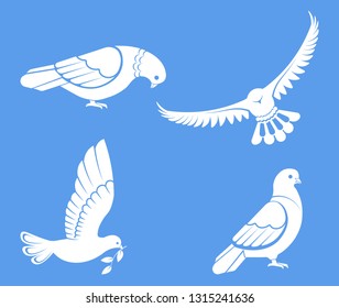 Pigeon or dove, white bird flying with spread wings in sky or sitting set. Vector logo template or isolated symbol icon of peace freedom or post mail delivery and tattoo