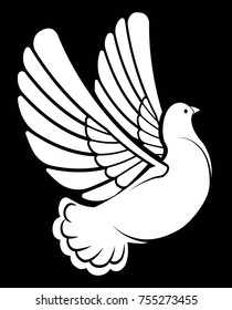 Pigeon or dove, white bird . Vector logo template or isolated symbol icon of peace freedom or post mail delivery and tattoo