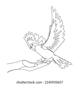 Pigeon drawn with one continuous line, vector illustration of dove of the world on white background.