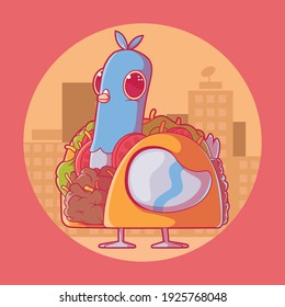 Pigeon dressed as a Taco vector illustration. City life, fast food, animal design concept.