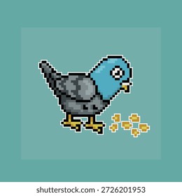Pombo comendo migalhas de pão, ilustração pixel art
