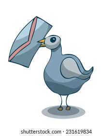 Pigeon with an Envelope, Delivering Mail, Vector Illustration isolated on White Background. 