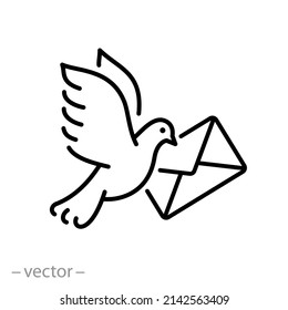 pigeon with envelope icon, message from bird, dove and mail letter, thin line symbol on white background - editable stroke vector illustration