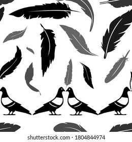 Pigeon and feathers silhouette seamless pattern. Good for textile, wrapping, wallpapers, etc. Dove and feathers silhouette isolated on white background. Vector illustration.