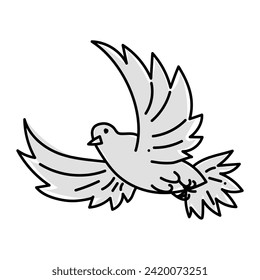 The pigeon flies in the doodle style. Vector isolated Cute little flying bird, side view. Gray black and white contour line, light flat pattern. The motive of freedom, lightness