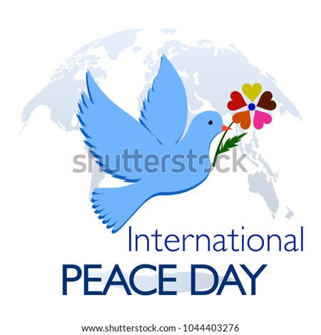 Pigeon with Flower Branch in Beack on Globe Map Background. Different Nations and People Keeping Peace on Earth Concept. Vector Illustration