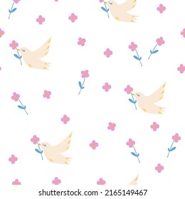 Pigeon and flowers seamless pattern. Background with birds, flowers, leaves, berries. For textiles, clothing, bed linen, Wallpaper, wrapping paper, poster template. Hand drawn Vector illustration.