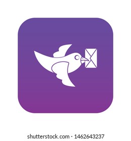 Pigeon fly with mail icon digital purple for any design isolated on white vector illustration