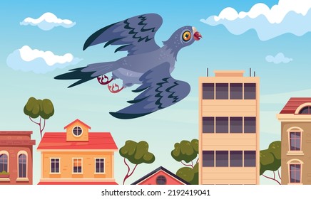 Pigeon fly and nest on city roof. Street urban animal birds concept. Vector isolated graphic design illustration