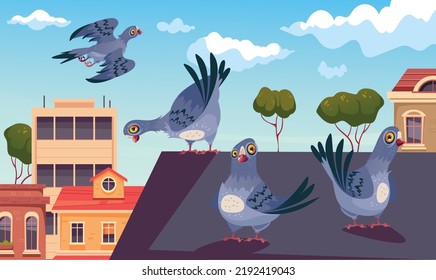 Taube fliegt und nest auf dem Dach der Stadt. Konzept städtischer Tiervögel auf der Straße. Vektorgrafik-einzelne Grafikdesign-Illustration