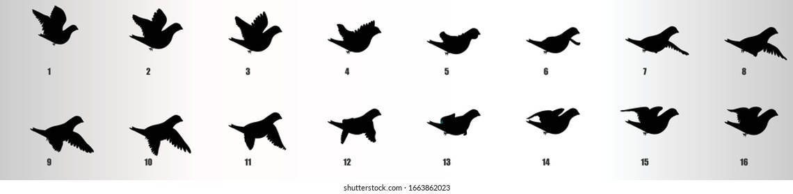 Pigeon flying animation sequence silhouette, loop animation sprite sheet