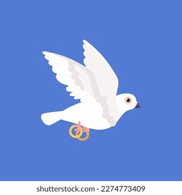 Pigeon flying and carrying wedding rings, cartoon flat vector illustration isolated on blue background. Concepts of marriage, love and Valentine;s day celebration. Dove bird as symbol of love.
