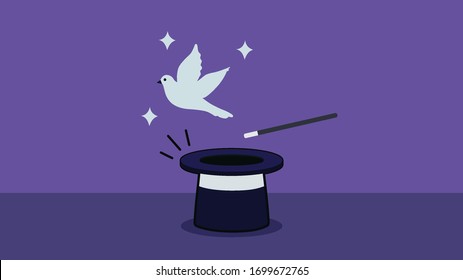 a pigeon flying out of a magic hat