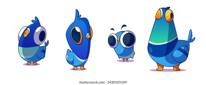 Pigeon funny cartoon character set. Vector illustration collection of different blue wild city dove with dumb face expression. Various comic bird mascot with beak and wings standing and watching.