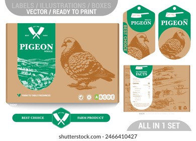 Pigeon game meat packaging design set featuring detailed hand drawn illustrations, accents and informative labels. Perfect for farms, butchers, and supermarkets seeking a high-quality meat 