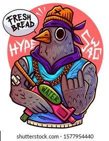 Pigeon Gangster With A Water Gun In His Hands. Street Gangster With Uzi. Hype Bird With Golden Chain On Neck. Isolated Vector Illustration With Bird. Сool Bird,rapper. Tshirt Print. Black Lives Matter