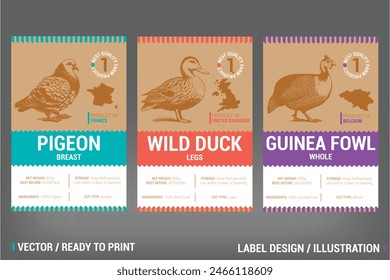 Pigeon, Guinea Fowl and Wild Duck Game Meat Packaging Label vector design set. Including hand drawn rustic illustration on craft paper pack. Badge with county of produce, storage and type of meat