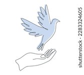 Pigeon in hand drawn in one continuous line with color spot. One line drawing, minimalism. Vector illustration.