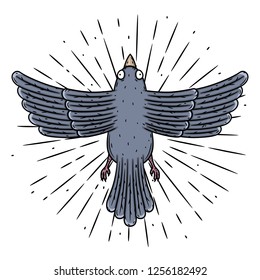 Pigeon. Hand drawn vector illustration with pigeon and divergent rays. Used for poster, banner, web, t-shirt print, bag print, badges, flyer, logo design and more.