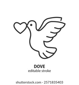 Pigeon with heart line icon. Dove sign. Symbol of love. Editable stroke. Vector illustration.