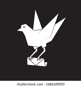 A pigeon holds an envelope in its paws on a black isolated background. Vector image eps 10