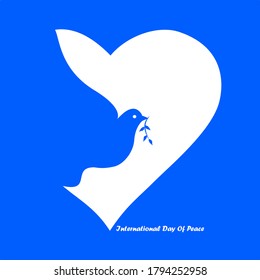 pigeon icon carrying olive branch, symbol of international peace day with blue love symbol background