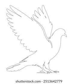 The pigeon line art coloring page template, One continuous line drawing of flying dove with two hands. Bird symbol of peace and freedom in simple linear style