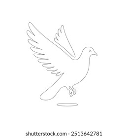 The pigeon line art coloring page template, One continuous line drawing of flying dove with two hands. Bird symbol of peace and freedom in simple linear style