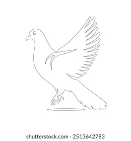 The pigeon line art coloring page template, One continuous line drawing of flying dove with two hands. Bird symbol of peace and freedom in simple linear style