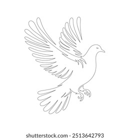 The pigeon line art coloring page template, One continuous line drawing of flying dove with two hands. Bird symbol of peace and freedom in simple linear style