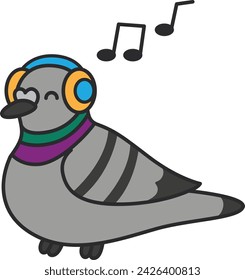 Pigeon listening music. Vector illustration in flat style.