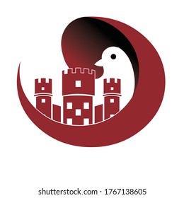 
pigeon logo with a combination of castle illustration given in red