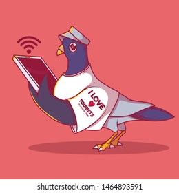 Pigeon looking at the phone vector illustration. Tourism, outdoor, animal, travelling design concept