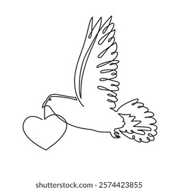 Pigeon love concept one line art, fellings flies concept continuous contour drawing,hand-drawn Valentine's day decoration.Romance,engagement and marriage symbol. Editable stroke.Isolated.Vector 