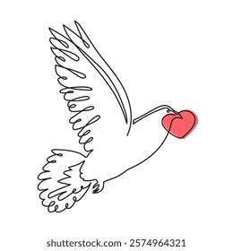 Pigeon love concept one line art, fellings flies concept continuous contour drawing,hand-drawn Valentine's day decoration.Romance,engagement and marriage symbol. Editable stroke.Isolated.Vector 