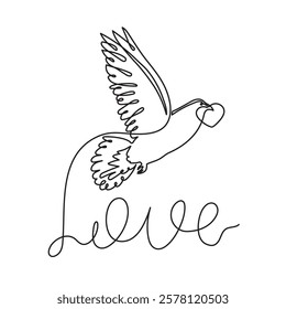 Pigeon love concept one line art, fellings flies concept continuous contour drawing,hand-drawn Valentine's day decoration.Romance,engagement and marriage symbol. Editable stroke.Isolated.Vector 