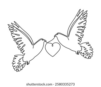 Pigeon love concept one line art, fellings flies concept continuous contour drawing,hand-drawn Valentine's day decoration.Romance,engagement and marriage symbol. Editable stroke.Isolated.Vector 