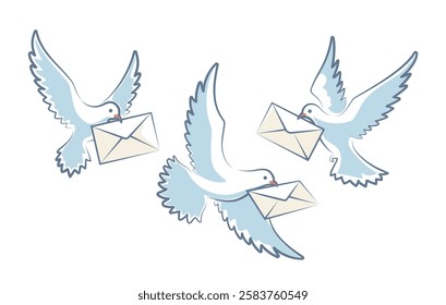 Pigeon mail. Postal dove bird with letter hand drawn sketch isolated vector illustration