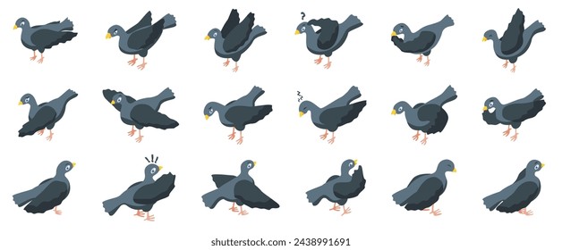 Pigeon mascot icons set isometric vector. Angry bird. Dove funny character