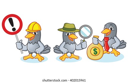 Pigeon Mascot Vector with money, sign and magnifying glass
