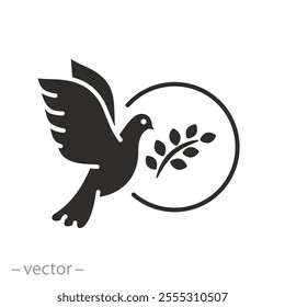 pigeon with olive branch, dove peace icon, bird flying, symbol love, flat vector illustration