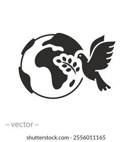 pigeon with olive branch, dove peace in the world icon, international humanitarian solidarity, symbol kindness and love, flat vector illustration