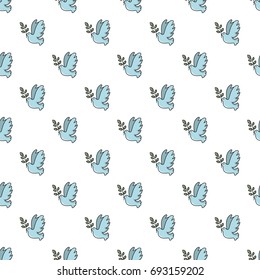 Pigeon with olive branch pattern in cartoon style. Seamless pattern vector illustration